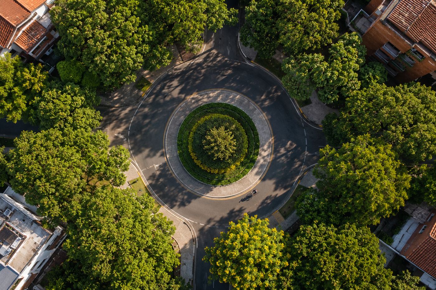 Aerial view of a leafy roundabout in Laureles