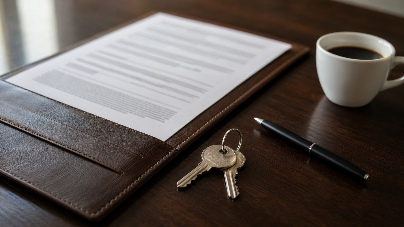 A property file, keys and a pen on a desk